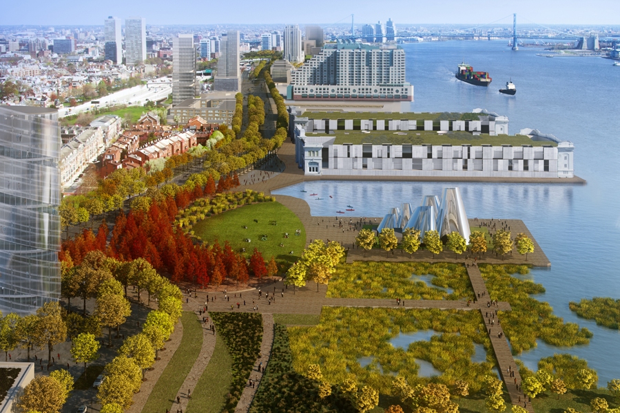 High-angle rendering of a waterfront park featuring a circular lawn, wetlands with boardwalks, a sculptural pavilion, and new residential buildings.