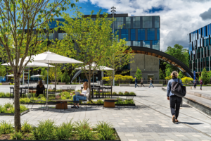 A sunlit corporate plaza featuring white patio umbrellas, cafe seating, and a large wooden arched trellis in the background.