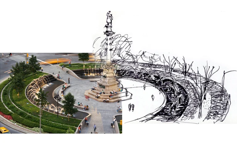 Photo by Peter Mauss / Esto, Sketch by Laurie OLIN