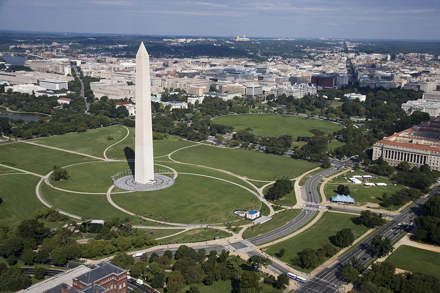 High-altitude aerial view of the Washington Monument and the National Mall in Washington, D.C.