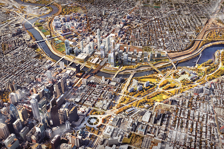 A wide aerial view of Philadelphia showing a proposed large-scale urban development with several new skyscrapers and expanded park systems.