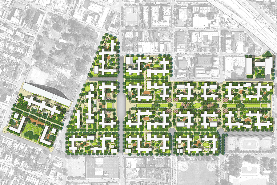 A detailed site plan map showing the master layout of several city blocks, highlighting the organized arrangement of buildings, green courtyards, and pedestrian paths.