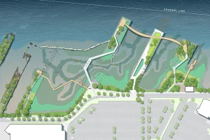 A high-angle site plan of a coastal park. It features a series of geometric piers and winding boardwalks extending over a restored marshland and tidal creek. The design includes a large parking lot, green spaces with trees, and several kayaks in the water.