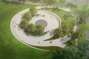 An aerial rendering of the circular memorial design, featuring a curved walkway and integrated landscaping.