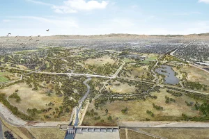 An aerial perspective rendering of the vast Sepulveda Basin showing the convergence of waterways, the Sepulveda Dam, and the integration of wild green spaces within the dense San Fernando Valley.