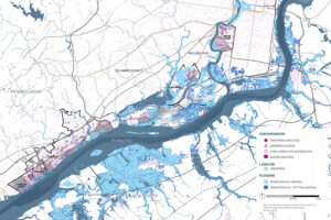 Flood risk map of the Delaware River region showing industrial contamination sites and modeled storm scenarios with sea level rise.