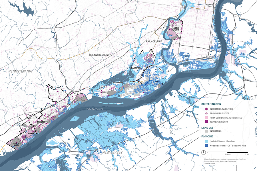 Flood risk map of the Delaware River region showing industrial contamination sites and modeled storm scenarios with sea level rise.