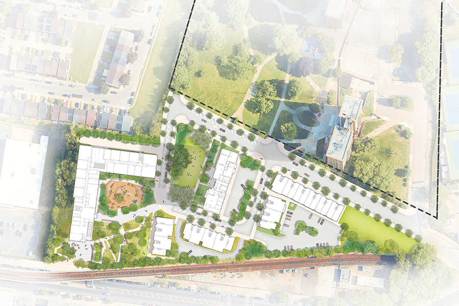 Aerial site plan rendering showing a new development integrated with a public park, residential housing, a school, and a railway line.