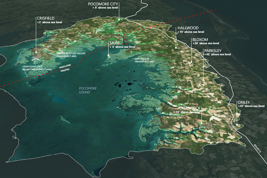 A 3D aerial map of Pocomoke Sound showing coastal towns and their elevations. Lowest-lying areas include Crisfield (+3') and Saxis (+4'), while inland towns like Onley (+43') are higher. A red dashed line marks the Maryland-Virginia state border.