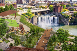 High-angle aerial rendering of a vibrant park complex beside a wide waterfall, featuring wooden boardwalks, playgrounds, and lawn areas.