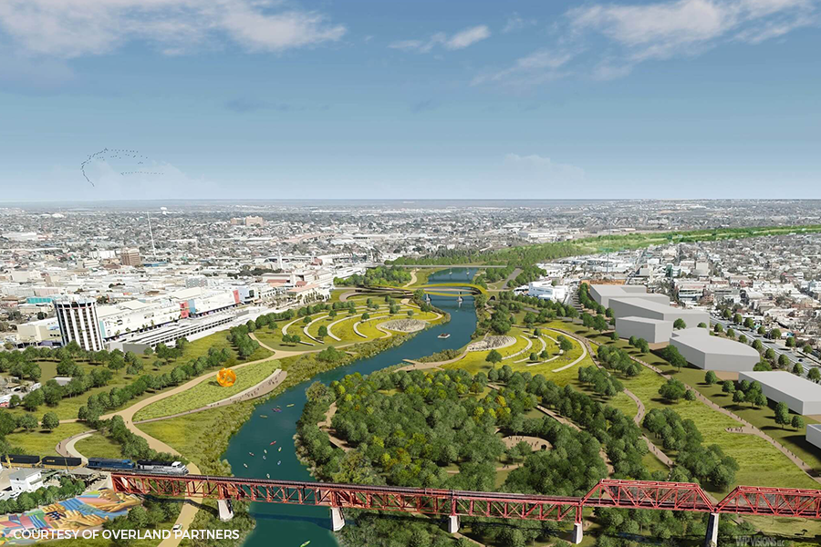 A wide-angle 3D digital rendering of a revitalized riverfront featuring terraced green lawns, walking paths, a red railway bridge in the foreground, and a skyline in the distance under a blue sky.
