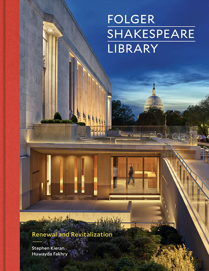 Cover of Folger Shakespeare Library book featuring and night image of the library with the capitol in the background against a dark blue night sky.